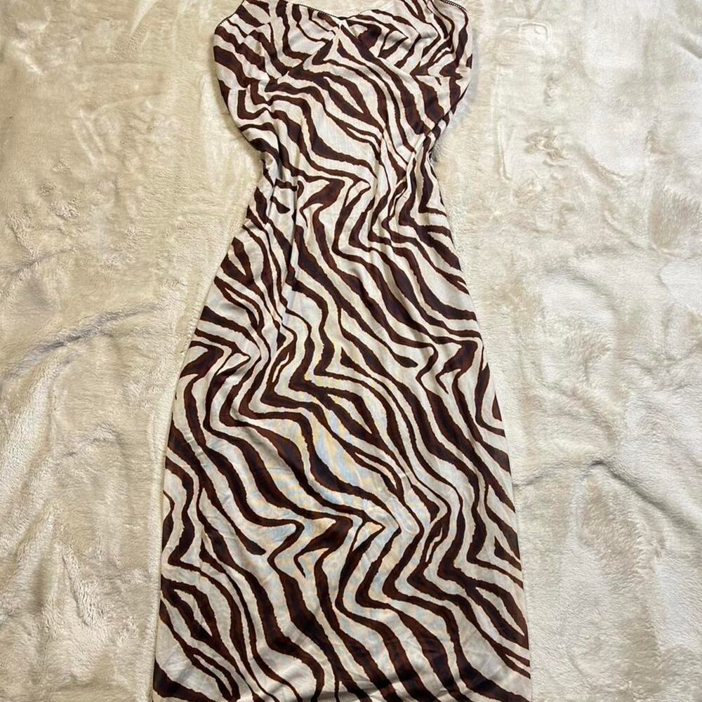 Camila Coelho Brown and Ivory Zebra Print Slip Dress Size Large